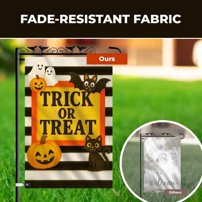 KarvePro Halloween Garden Flag 12x18 Double Sided – Trick or Treat Yard Flag with Pumpkins, Ghosts, Bat, Cat – Fall Outdoor Burlap Halloween Flag for Garden or Lawn - Image 4